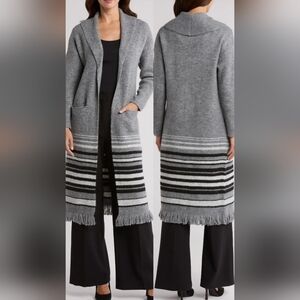 NWT Tahari Gray Striped‎ Longline Blanket Fringe Cardigan ~ Large